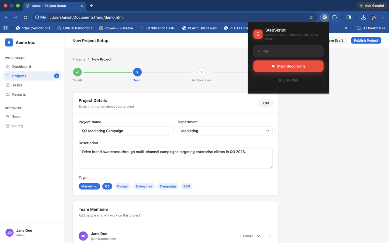 StepSkript popup ready to record